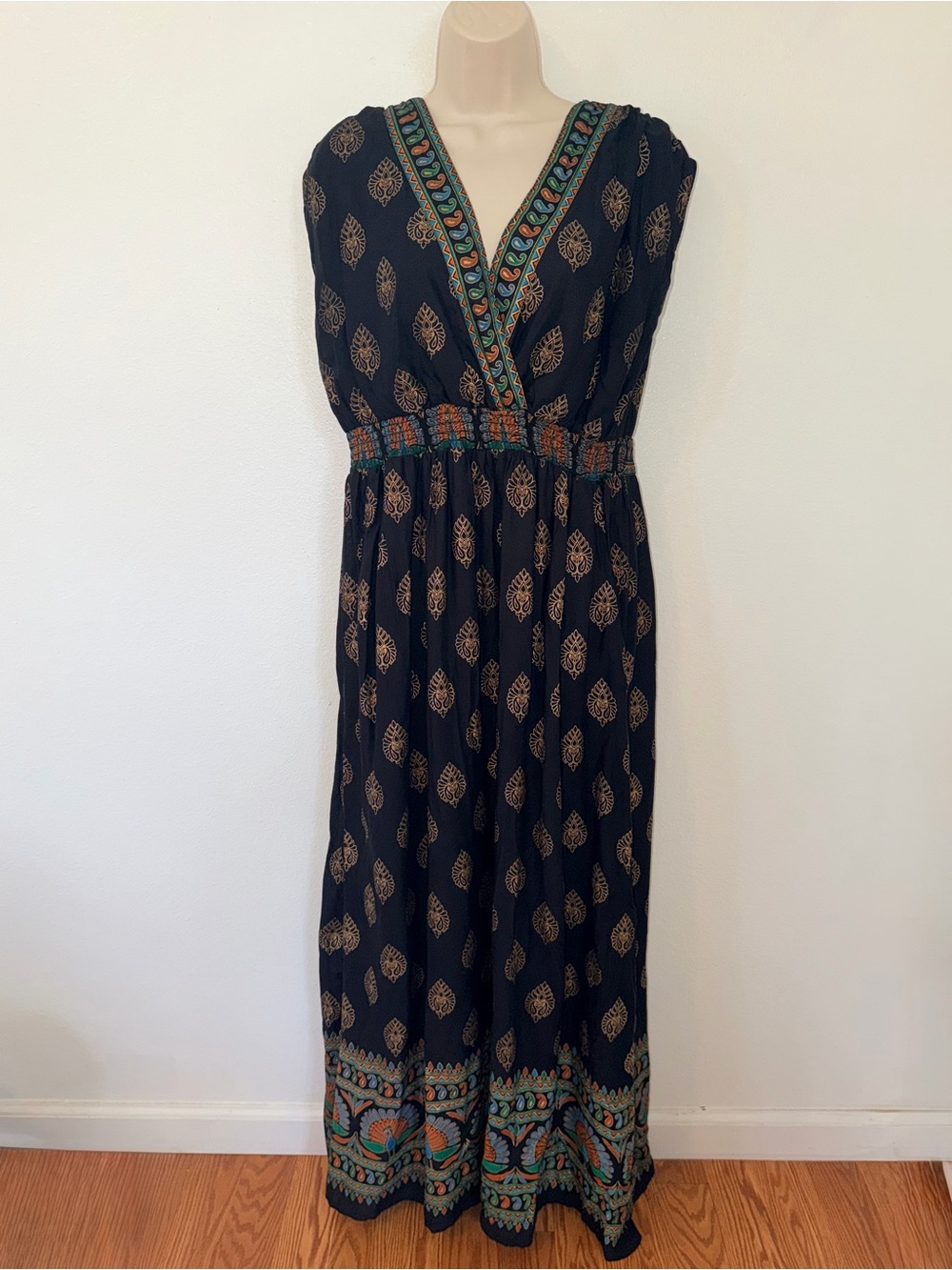 Sleeveless Black Printed Maxi Dress with Embroidered Trim
